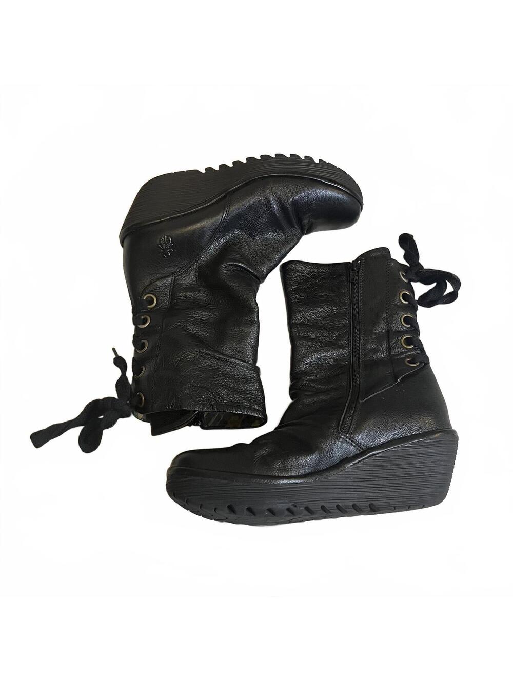 Fly London Leather Black Lace-Up Wedge Boots Y2K Rave